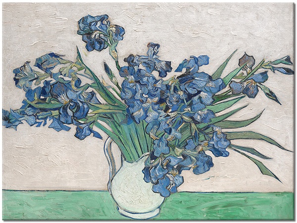 tableau sur toile, art, blanc, bleu, fleurs, iris, nature-morte, nature-morte-autres-peintures, peintures, van-gogh, vase, vert
