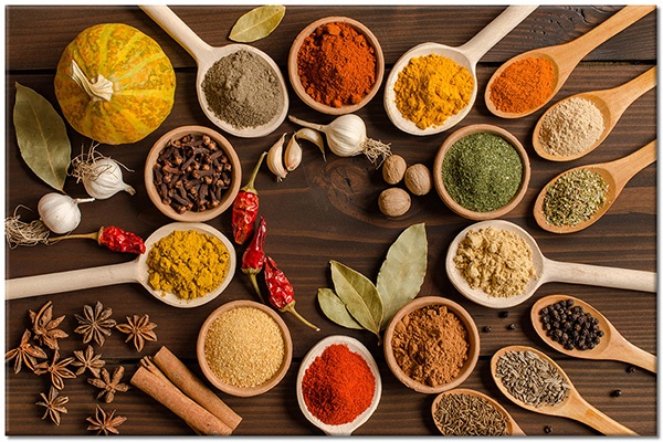 tableau sur toile, aliments-boissons, beige, blanc, bois, cuisine, divers, epices, gris, jaune, marron, nature-morte, orange, restaurants, rouge, vert
