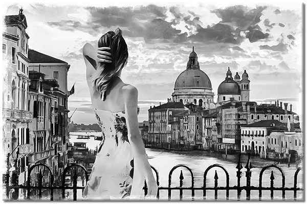 tableau sur toile, art, art-contemporain, batiments, beige, femmes, gris, italie, multicolore, paysages, paysages-urbains-ruraux, rouge, tourisme, venise, villes