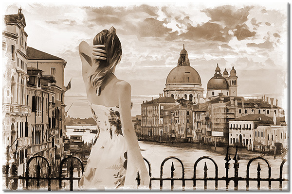 tableau sur toile, art, art-contemporain, batiments, beige, femmes, gris, italie, multicolore, paysages, paysages-urbains-ruraux, rouge, tourisme, venise, villes