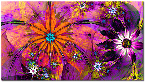 tableau sur toile, abstrait-fantaisie, art, art-contemporain, art-fractal, autres, divers, fleurs, jaune, nature-morte-autres-peintures, orange, peintures, petales, violet