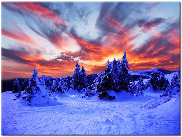 tableau sur toile, blanc, bleu, montagnes, orange, paysages, violet