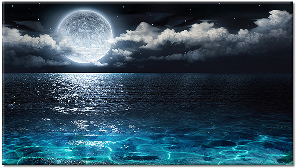 tableau sur toile, abstrait-fantaisie, blanc, bleu, ciel, cyan, eau, lune, mer, mer-cascades-lacs, noir, nuages, nuit, paysages
