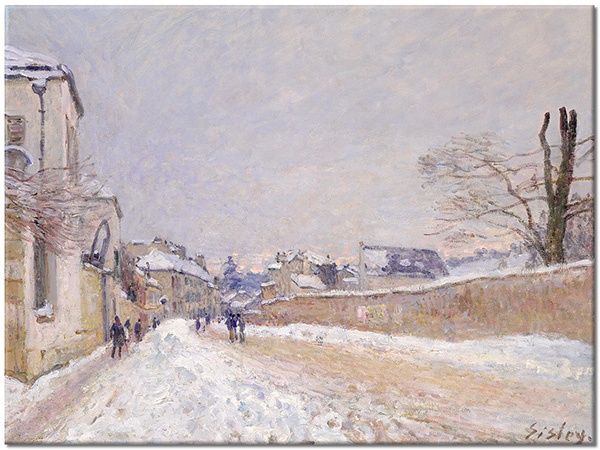 tableau sur toile, art, batiments, beige, blanc, bleu, divers, hiver, marron, nature-morte-autres-peintures, neige, peintures, peintures-paysages, route, sisley