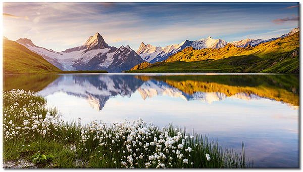 tableau sur toile, alps, blanc, bleu, lacs, mer-cascades-lacs, miroir, montagnes, paysages, suisse, vert