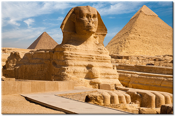 tableau sur toile, autres-paysages, beige, bleu, desert, egypte, mythologie, paysages, paysages-urbains-ruraux, pyramide, sphinx, tourisme