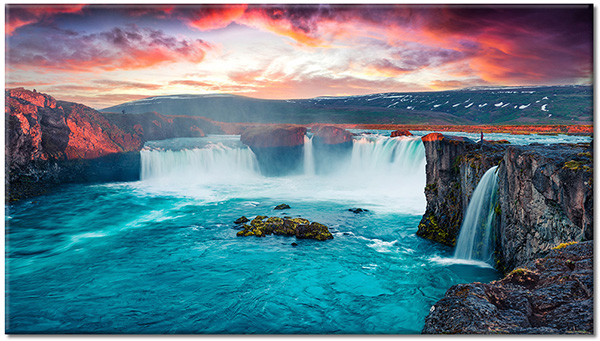 tableau sur toile, bleu, cyan, gris, mer-cascades-lacs, orange, paysages