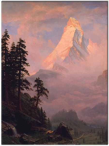 tableau sur toile, arbres, art, beige, bierstadt, blanc, bleu, ciel, forets, montagnes, nuages, paysages, peintures, peintures-paysages, rochers, rose, sapins, vert
