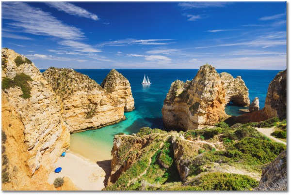 tableau sur toile, beige, bleu, ciel, marron, mer, mer-cascades-lacs, nuages, orange, paysages, portugal, rochers, tourisme, vert