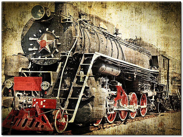 tableau sur toile, divers, locomotives, rouge, sepia, trains, vintage, voitures-trains-navires-avions