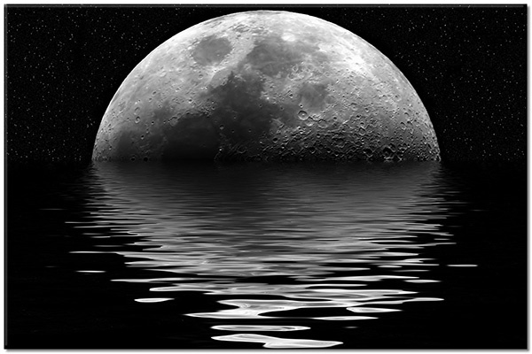 tableau sur toile, abstrait-fantaisie, astronomie, blanc, bleu, divers, etoiles, lune, mer, miroir, noir, nuit, univers, zen