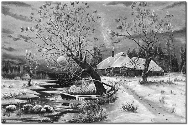 tableau sur toile, arbres, art, autres-paysages, bateaux-navires, batiments, beige, blanc, bleu, gris, hiver, jaune, marron, neige, orange, paysages, peintures, peintures-paysages, riviere, soleil, violet