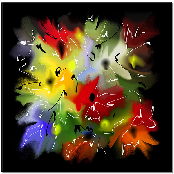 tableau sur toile, abstrait-fantaisie, jaune, multicolore, noir, rouge, vert