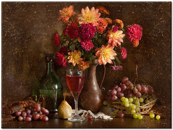 tableau sur toile, aliments-boissons, blanc, cuisine, divers, fleurs, fruits, jaune, marron, nature-morte, orange, raisins, rouge, vase, vert, vin, violet