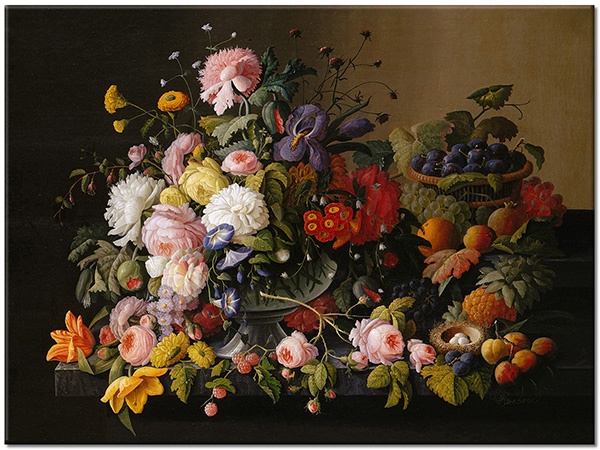 tableau sur toile, art, blanc, fleurs, fruits, jaune, marron, multicolore, nature-morte, nature-morte-autres-peintures, orange, peintures, roesen, rose, rouge, vert, violet