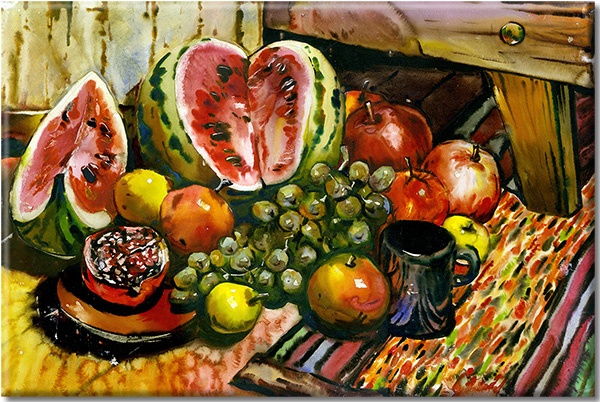 tableau sur toile, art, beige, blanc, cuisine, fruits, jaune, marron, multicolore, nature-morte, nature-morte-autres-peintures, noir, orange, peintures, pommes, raisins, rouge, vert