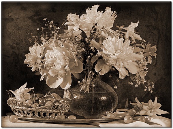 tableau sur toile, aliments-boissons, beige, blanc, cuisine, divers, fleurs, fruits, jaune, marron, nature-morte, noir, orange, rose, rouge, vase, vert, violet
