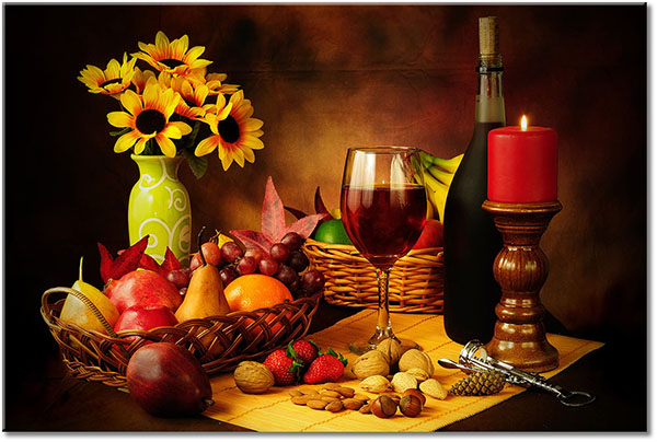 tableau sur toile, aliments-boissons, beige, bougies, cuisine, divers, fruits, jaune, marron, nature-morte, noir, orange, pommes, rouge, tournesol, vert, vin, violet