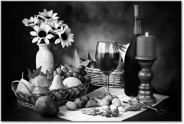 tableau sur toile, aliments-boissons, beige, bougies, cuisine, divers, fruits, jaune, marron, nature-morte, noir, orange, pommes, rouge, tournesol, vert, vin, violet