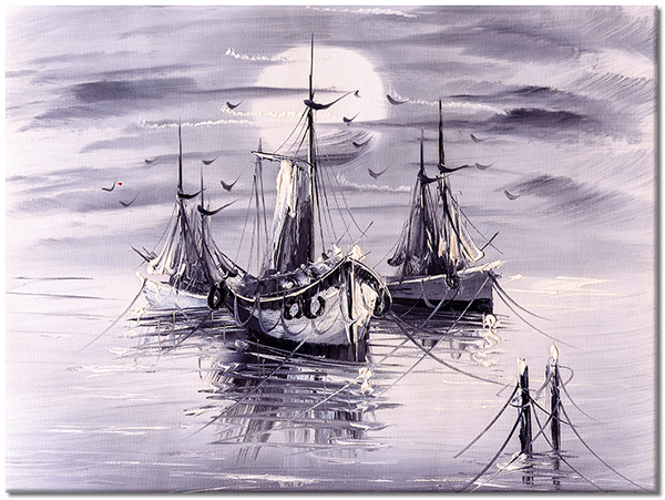 tableau sur toile, art, bateaux-navires, ciel, gris, noir, noir-et-blanc, nuages, peintures, peintures-paysages, soleil