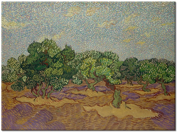 tableau sur toile, arbres, art, beige, bleu, fleurs, jardins, peintures, peintures-paysages, van-gogh, vert, violet