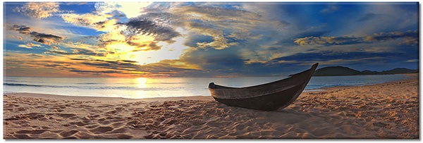 tableau sur toile, bateaux-navires, beige, bleu, ciel, coucher-soleil, jaune, lever-du-soleil, marron, mer, mer-cascades-lacs, nuages, orange, paysages, plage, sable, soleil