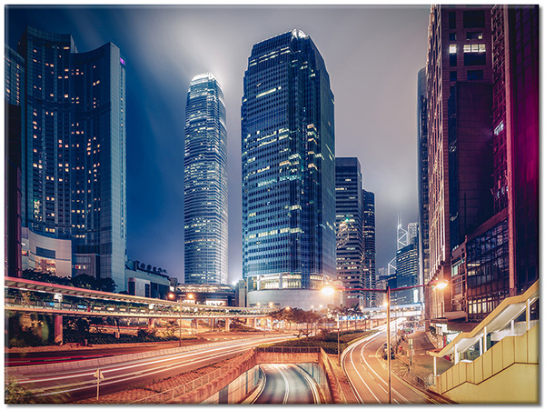 tableau sur toile, batiments, beige, bleu, chine, financier, hong-kong, nuit, paysages, paysages-urbains-ruraux, route, tourisme, villes