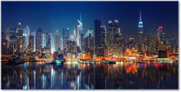 tableau sur toile, batiments, bleu, etats-unis, financier, miroir, new-york, nuit, orange, paysages, paysages-urbains-ruraux, tourisme, villes, violet