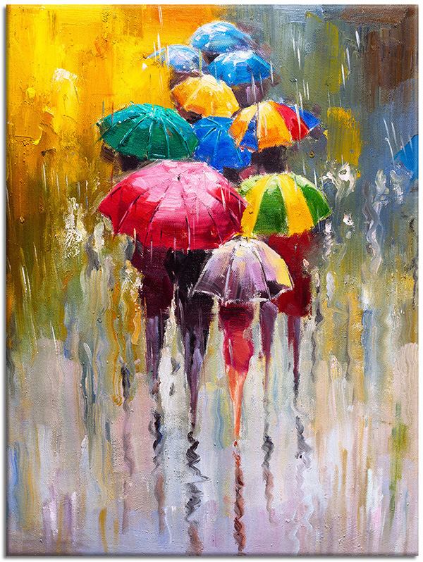 tableau sur toile, art, bleu, jaune, multicolore, parapluies, peintures, peintures-personnages, pluie, rose, rouge, silhouettes, vert