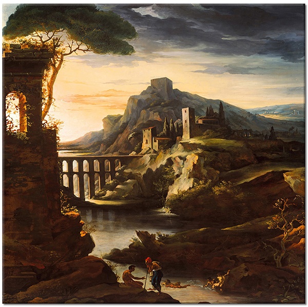 tableau sur toile, arbres, art, autres-paysages, beige, ciel, coucher-soleil, gericault, gris, marron, montagnes, nuages, orange, paysages, peintures, peintures-paysages, ponts, riviere, rochers, vert