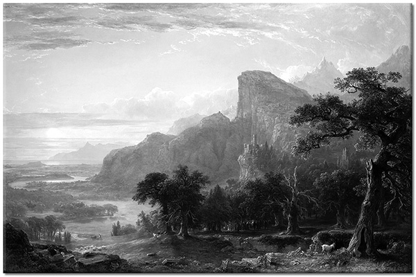 tableau sur toile, arbres, art, beige, bleu, brown-durand, ciel, forets, montagnes, paysages, peintures, peintures-paysages, rochers, vert