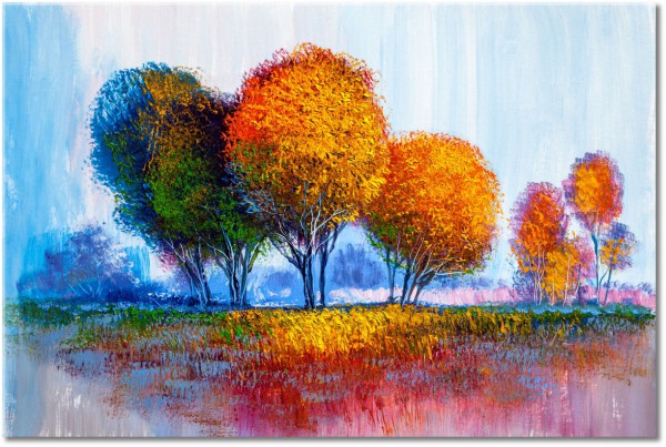 tableau sur toile, arbres, art, automne, bleu, gris, jaune, marron, multicolore, orange, peintures, peintures-personnages, rouge, vert