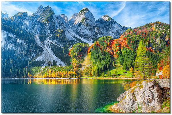 tableau sur toile, automne, beige, bleu, cyan, forets, forets, lacs, mer-cascades-lacs, montagnes, orange, paysages, rochers, vert