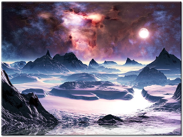 tableau sur toile, abstrait-fantaisie, astronomie, blanc, bleu, divers, marron, montagnes, noir, orange, paysages, violet