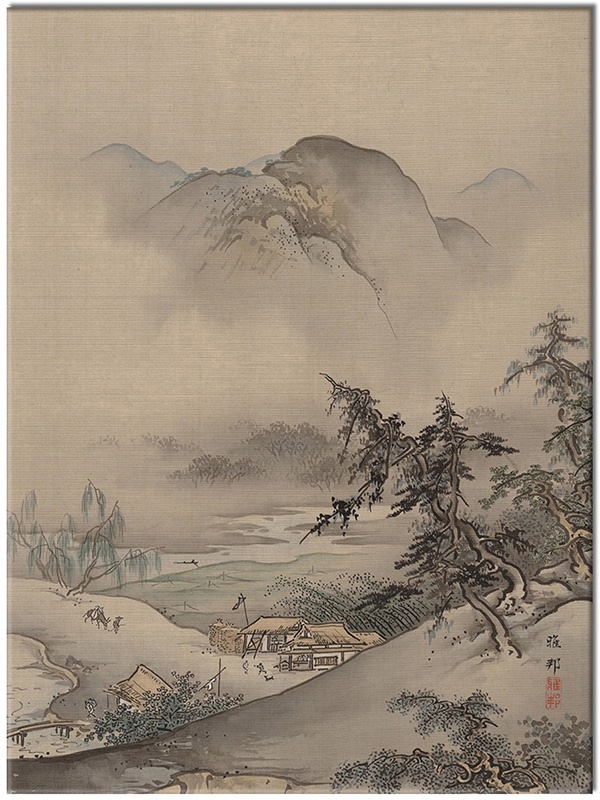 tableau sur toile, beige, gris, montagnes, paysages, peintures, peintures-paysages, vert, vintage