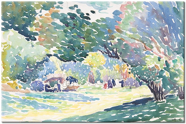 tableau sur toile, aquarelle, arbres, art, autres-paysages, bleu, cross, cyan, jaune, multicolore, paysages, peintures, peintures-paysages, vert