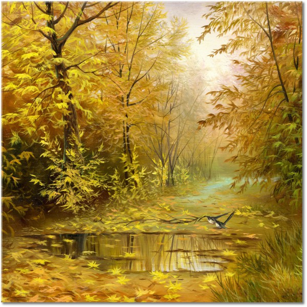 tableau sur toile, arbres, art, automne, beige, forets, forets, jaune, marron, oiseaux, orange, paysages, peintures, peintures-paysages
