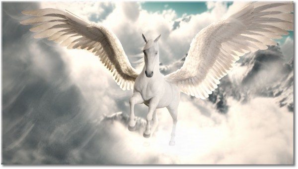 tableau sur toile, abstrait-fantaisie, blanc, ciel, enfants, gris, mythologie, noir-et-blanc, nuages, pegas