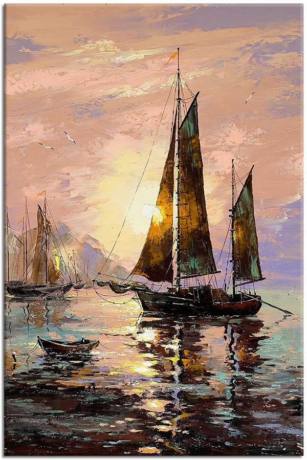 tableau sur toile, art, bateaux-navires, beige, coucher-soleil, jaune, lacs, lever-du-soleil, marron, mer, mer-cascades-lacs, nature-morte-autres-peintures, noir, paysages, peintures, peintures-paysages, rose, violet