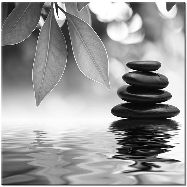 tableau sur toile, blanc, eau, feng-shui-zen, feuilles, gris, nature-morte, noir, pierres, vert