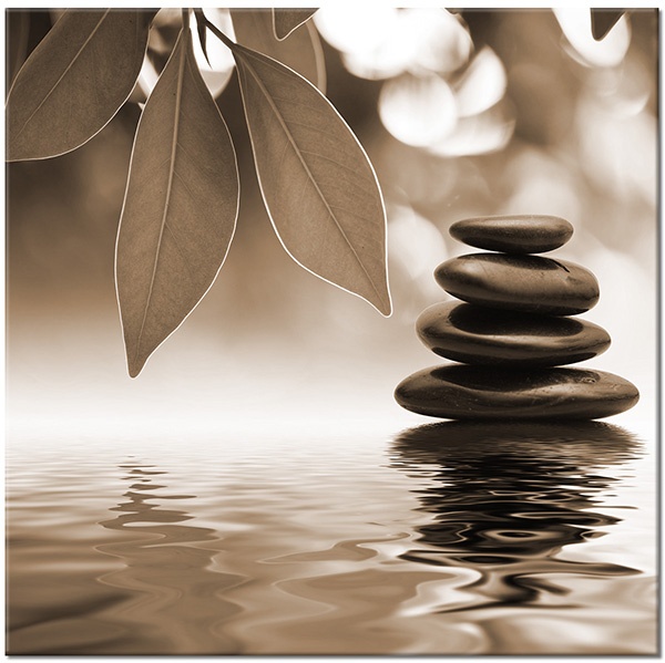 tableau sur toile, blanc, eau, feng-shui-zen, feuilles, gris, nature-morte, noir, pierres, vert