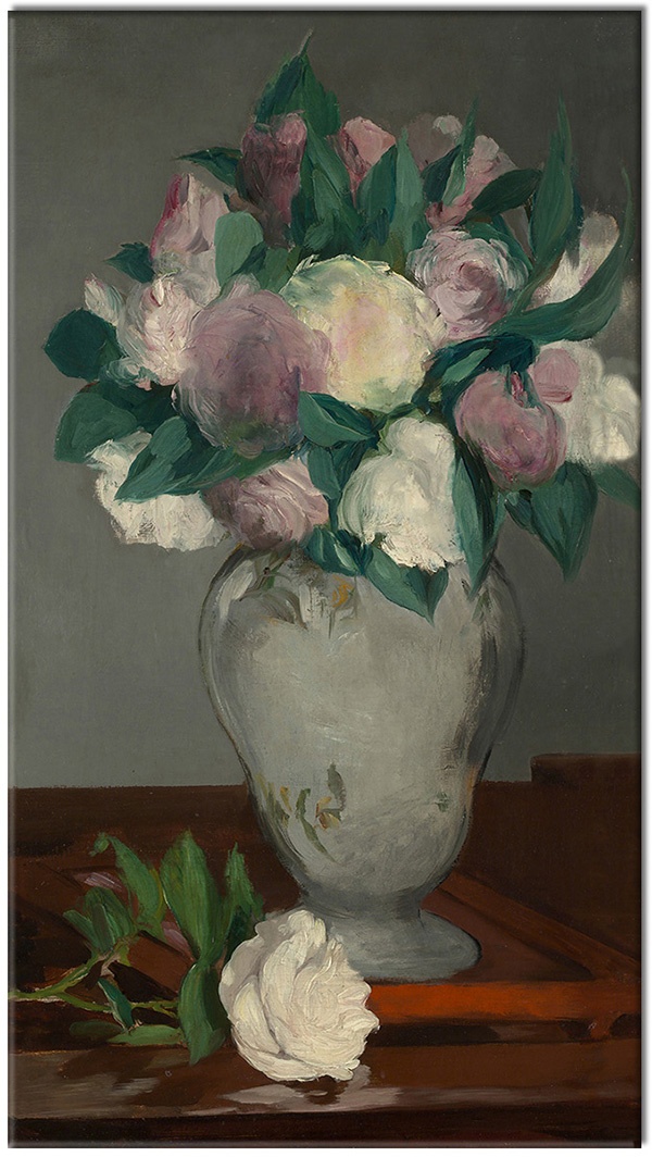 tableau sur toile, art, blanc, fleurs, gris, manet, marron, nature-morte, nature-morte-autres-peintures, peintures, pivoines, vase, vert, violet