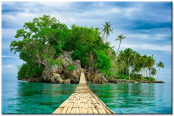 tableau sur toile, arbres, beige, bleu, iles, mer, mer-cascades-lacs, palmiers, paysages, ponts, rose, vert
