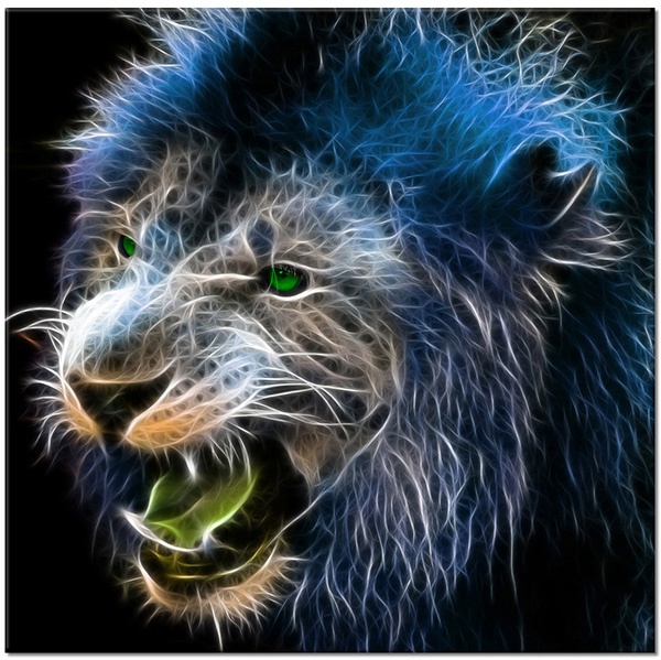 tableau sur toile, abstrait-fantaisie, animaux, animaux-sauvages, blanc, bleu, dessin, lions, noir, vert, violet