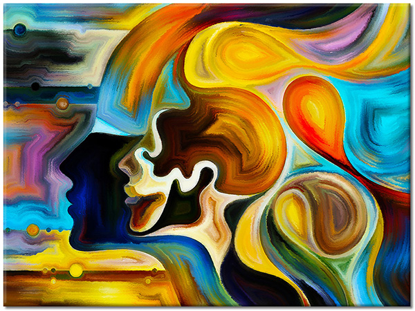 tableau sur toile, abstrait-fantaisie, art, art-contemporain, bleu, cyan, femmes, jaune, marron, multicolore, noir, orange, peintures, peintures-abstraites, portraits