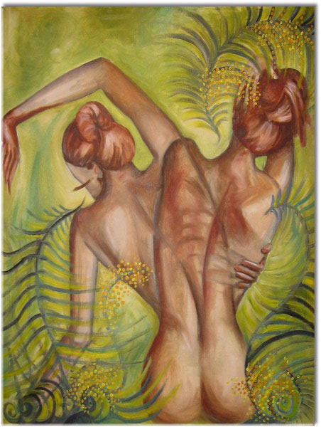 tableau sur toile, abstrait-fantaisie, art, art-contemporain, beige, femmes, marron, nu, orange, peintures, peintures-abstraites, vert