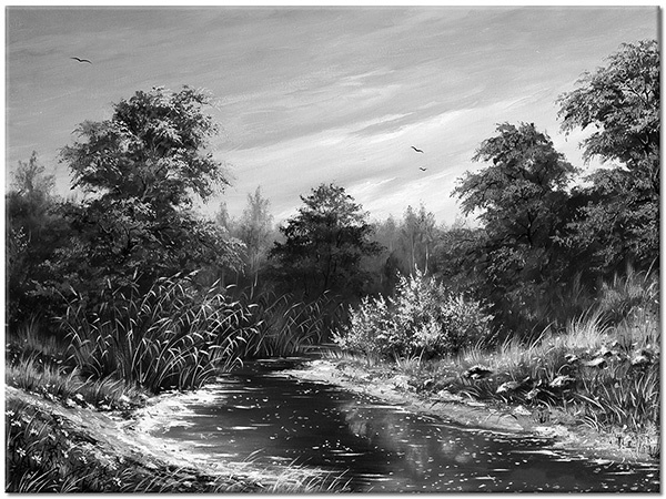 tableau sur toile, arbres, art, automne, beige, forets, forets, gris, marron, orange, paysages, peintures, peintures-paysages, riviere, vert