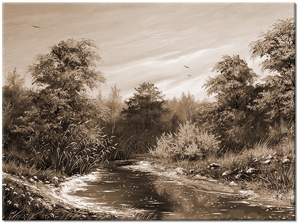 tableau sur toile, arbres, art, automne, beige, forets, forets, gris, marron, orange, paysages, peintures, peintures-paysages, riviere, vert