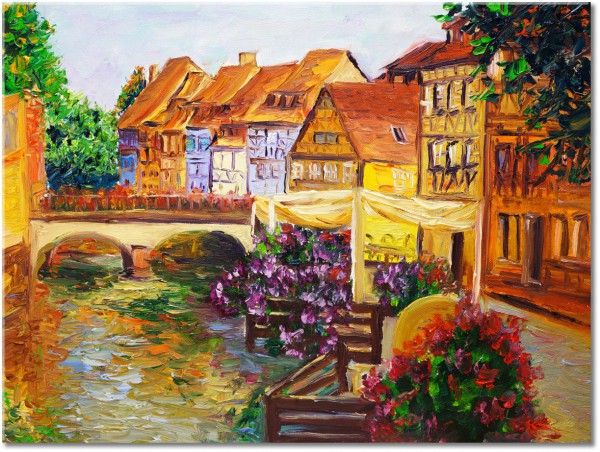 tableau sur toile, art, batiments, beige, gris, jaune, marron, multicolore, noir, orange, paysages, paysages-urbains-ruraux, peintures, peintures-paysages, ponts, riviere, rouge, vert, violet