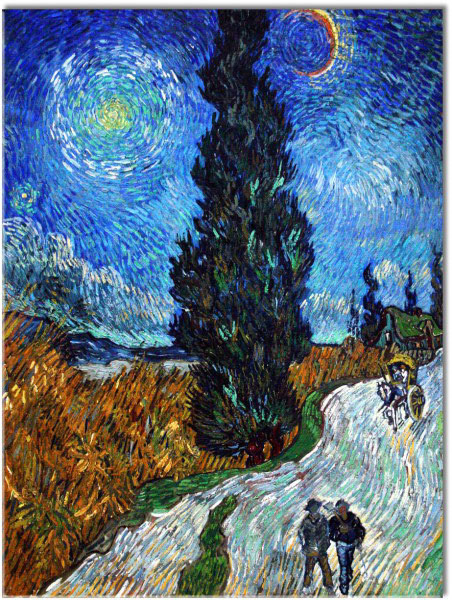 tableau sur toile, arbres, art, bleu, marron, nuit, orange, peintures, peintures-paysages, routes, van-gogh, vert, violet